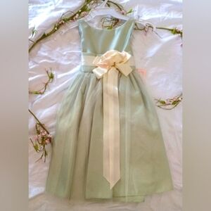 Elegant Flower Girl Dress in Soft Sage Green with Cream Flower And Ribbon NWT